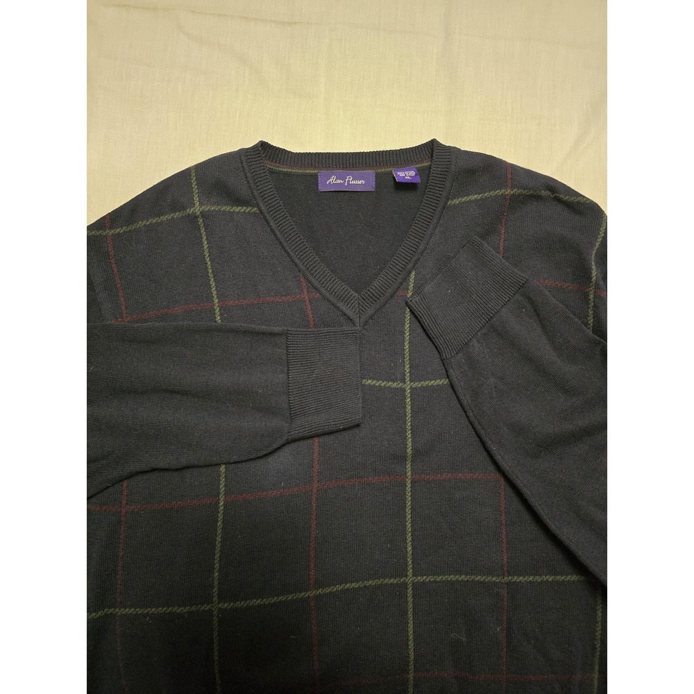 Alan Flusser Sweater Mens Extra Large Black Plaid V Neck Pullover Classic XL